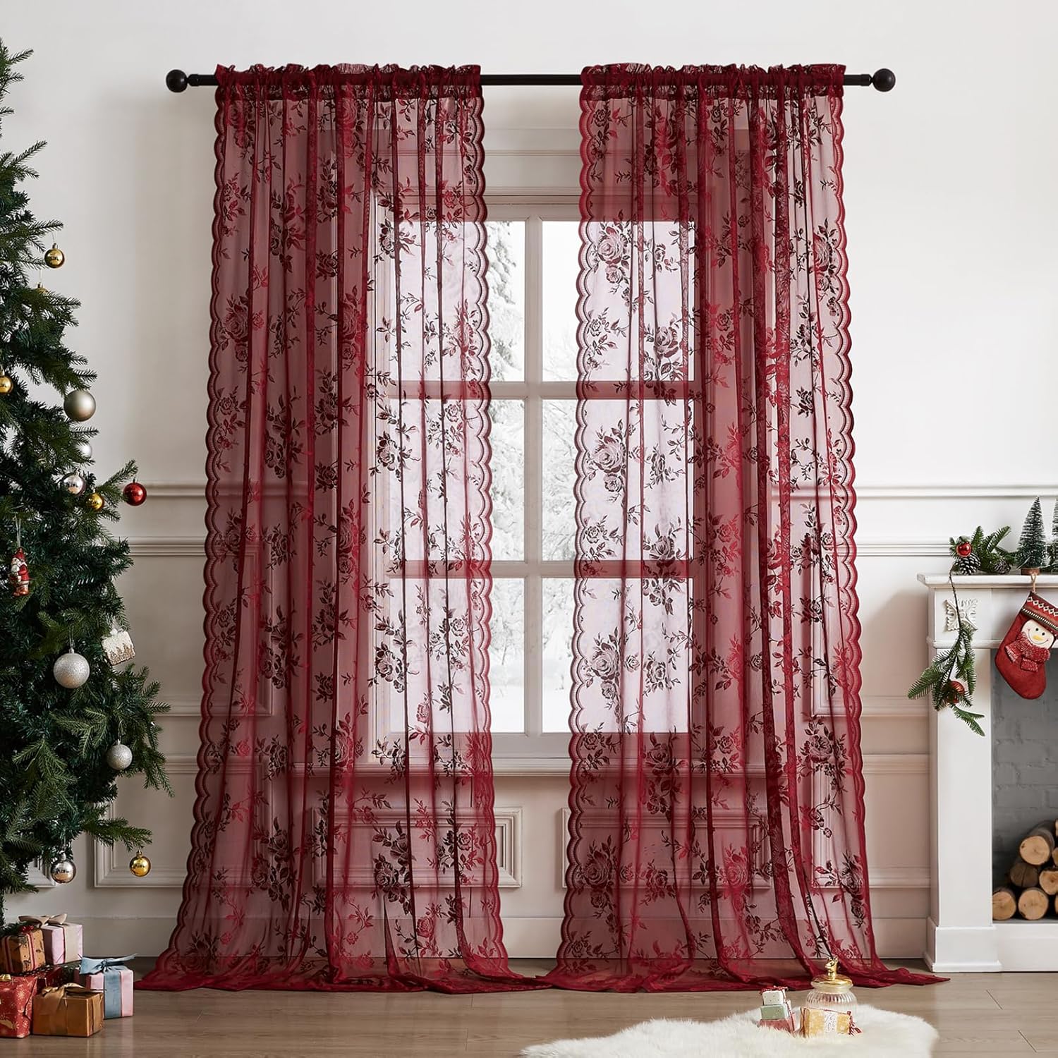 1 Cortina de Renda Borgonha de - Curtain Rods avaliação e preço
